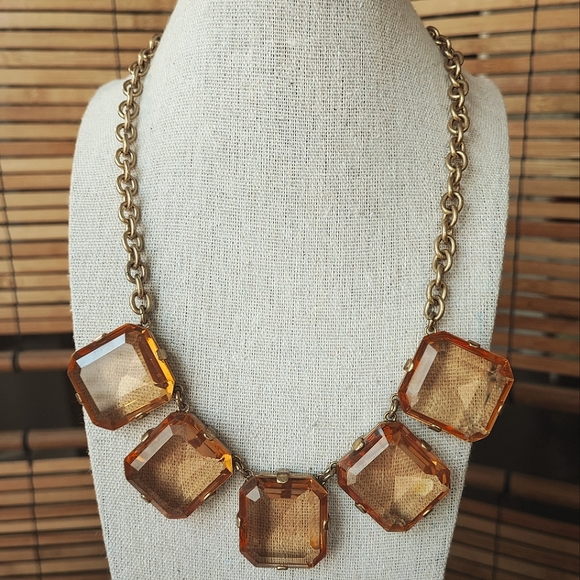 J. Crew Brand Statement Necklace Huge Warm Honey Faceted Beveled Glass Stones - Picture 1 of 15